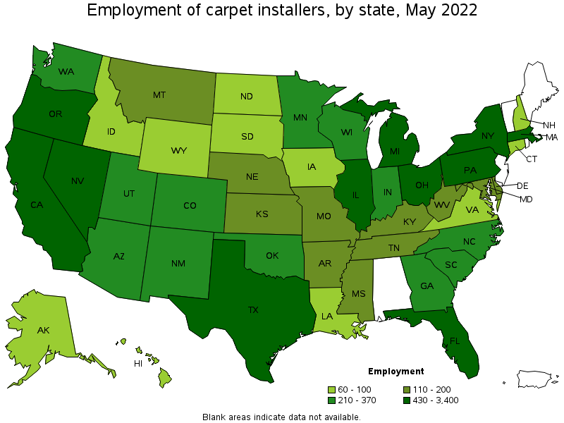 Map of employment of carpet installers by state, May 2022