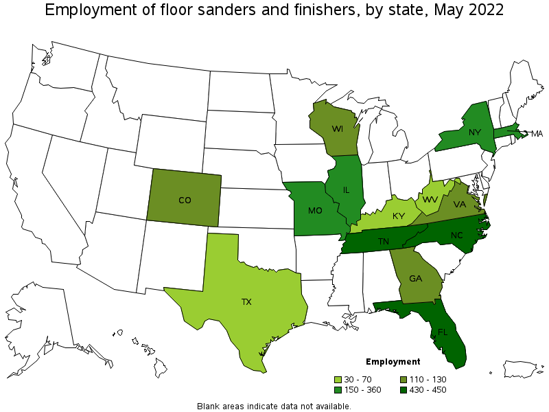 Map of employment of floor sanders and finishers by state, May 2022