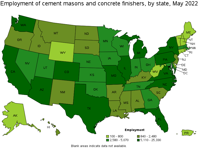 Map of employment of cement masons and concrete finishers by state, May 2022