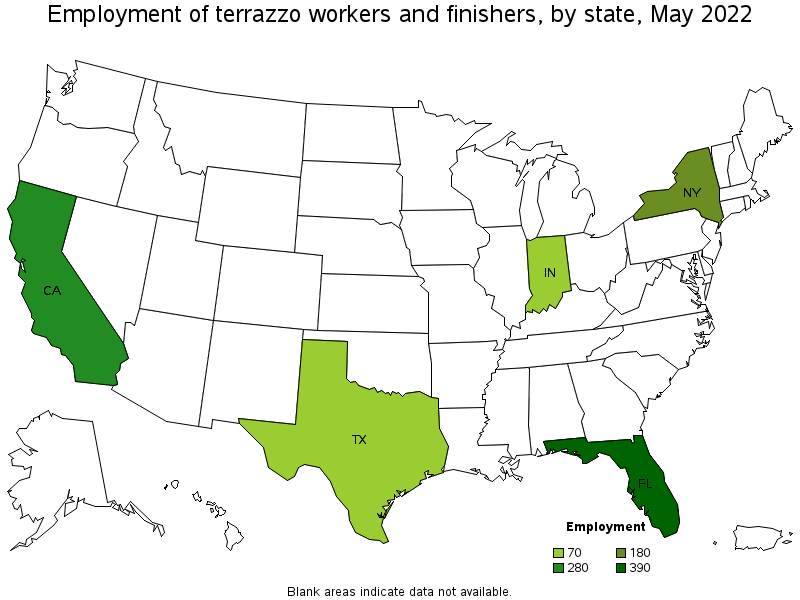 Map of employment of terrazzo workers and finishers by state, May 2022