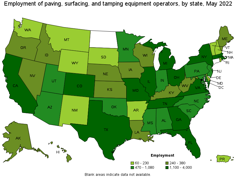 Map of employment of paving, surfacing, and tamping equipment operators by state, May 2022