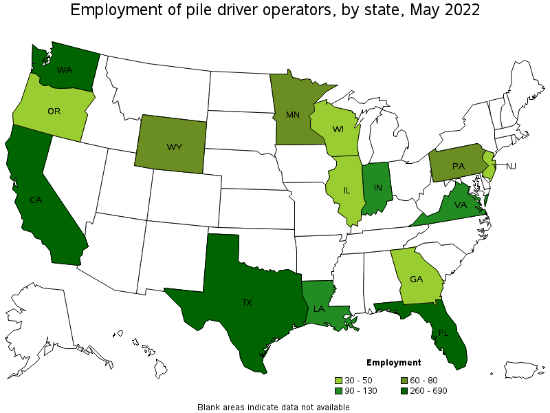Map of employment of pile driver operators by state, May 2022