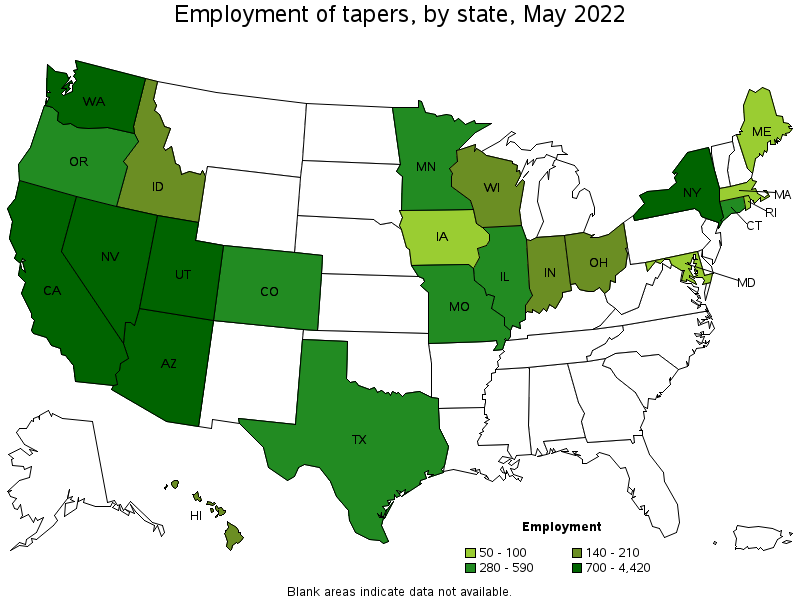 Map of employment of tapers by state, May 2022