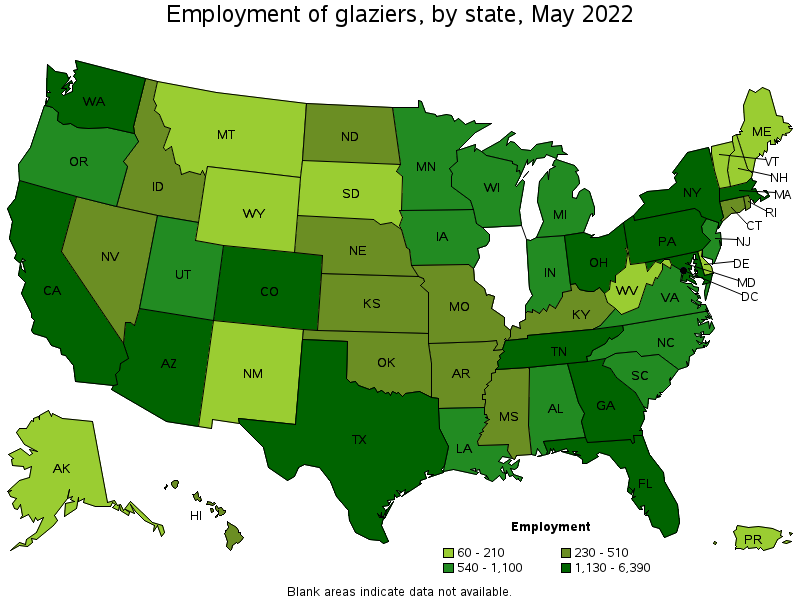 Map of employment of glaziers by state, May 2022
