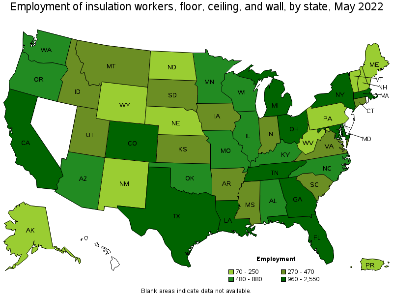 Map of employment of insulation workers, floor, ceiling, and wall by state, May 2022