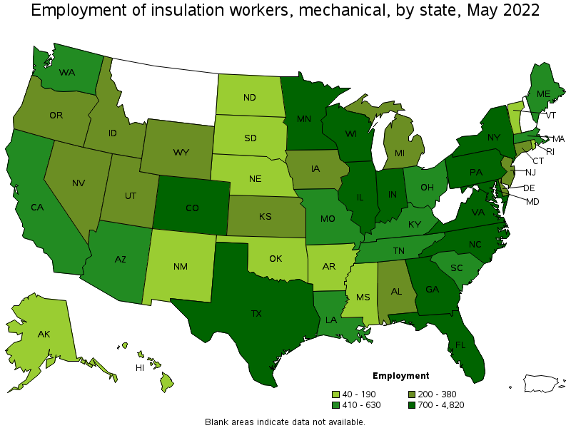 Map of employment of insulation workers, mechanical by state, May 2022