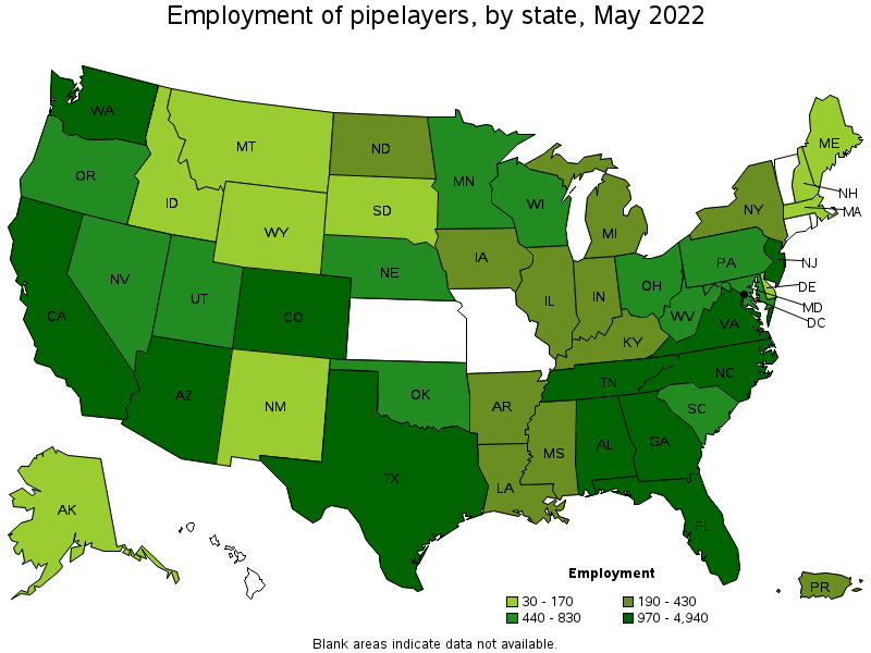 Map of employment of pipelayers by state, May 2022