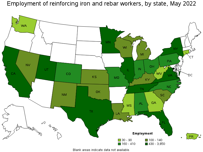 Map of employment of reinforcing iron and rebar workers by state, May 2022