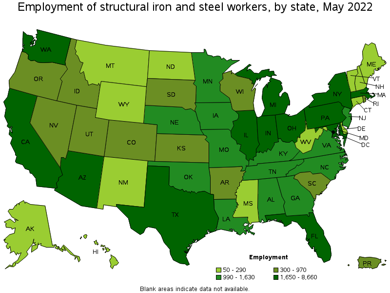 Map of employment of structural iron and steel workers by state, May 2022