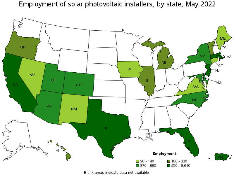 Map of employment of solar photovoltaic installers by state, May 2022