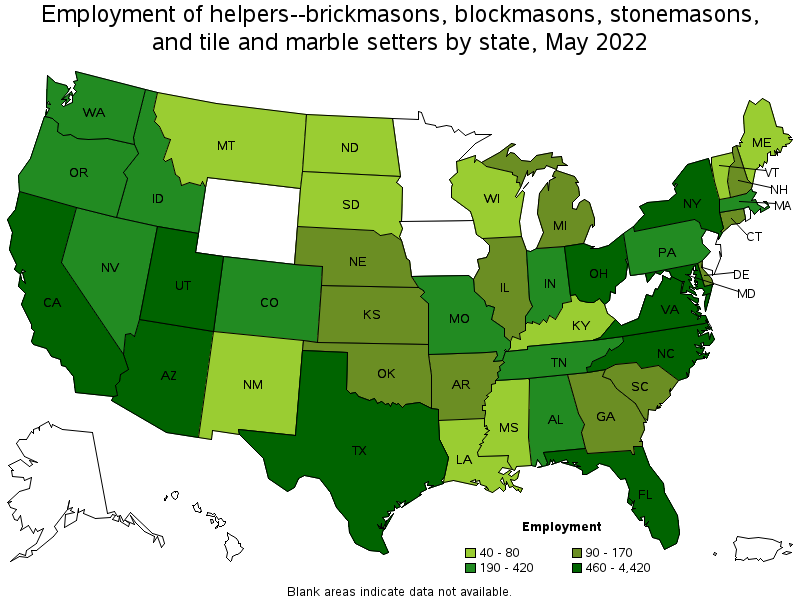 Map of employment of helpers--brickmasons, blockmasons, stonemasons, and tile and marble setters by state, May 2022