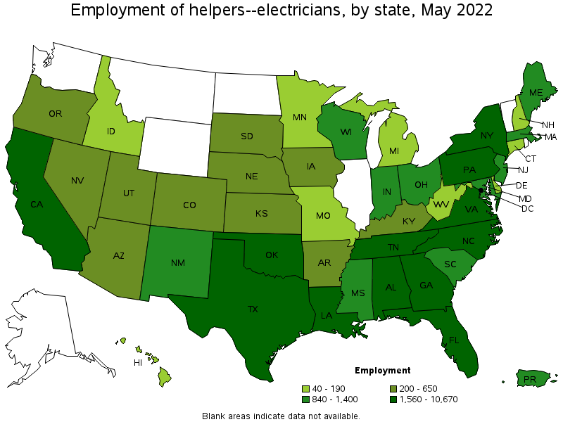 Map of employment of helpers--electricians by state, May 2022