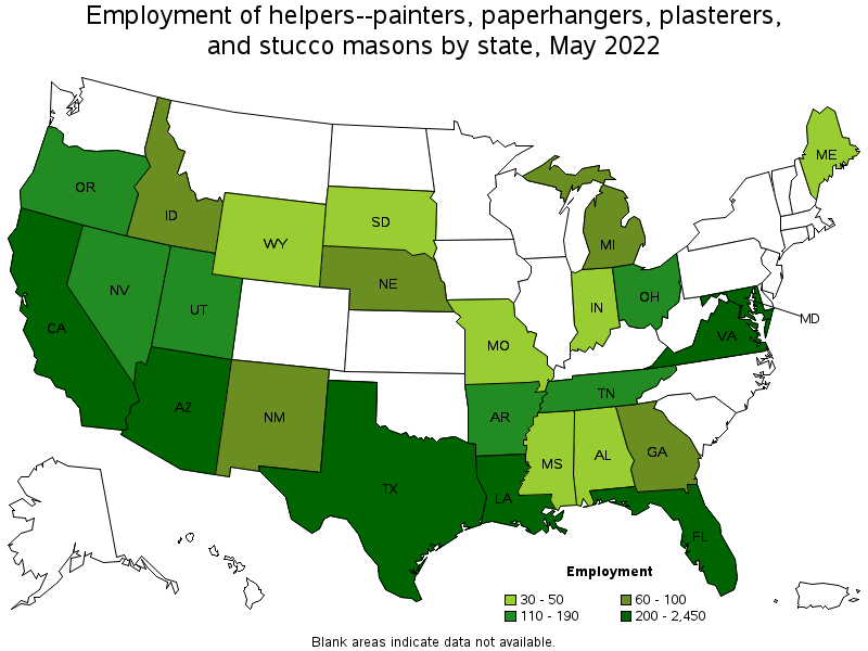 Map of employment of helpers--painters, paperhangers, plasterers, and stucco masons by state, May 2022