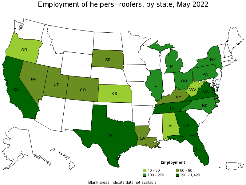 Map of employment of helpers--roofers by state, May 2022
