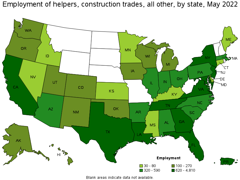 Map of employment of helpers, construction trades, all other by state, May 2022