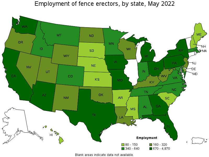 Map of employment of fence erectors by state, May 2022