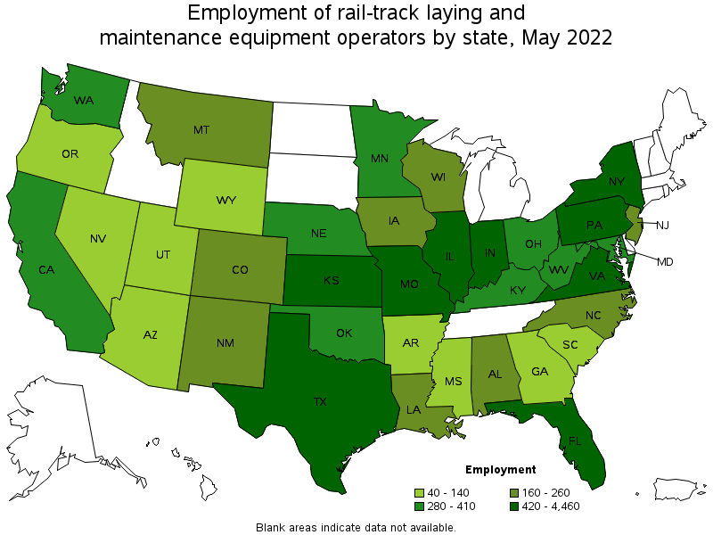 Map of employment of rail-track laying and maintenance equipment operators by state, May 2022