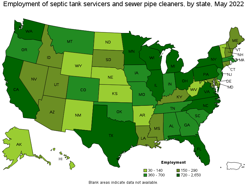 Map of employment of septic tank servicers and sewer pipe cleaners by state, May 2022