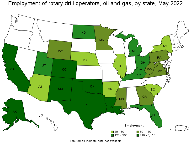 Map of employment of rotary drill operators, oil and gas by state, May 2022