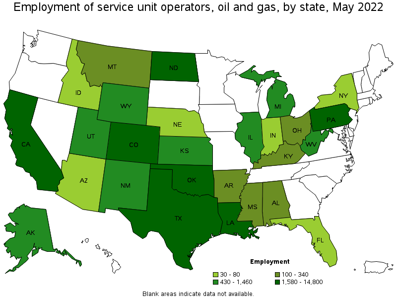 Map of employment of service unit operators, oil and gas by state, May 2022