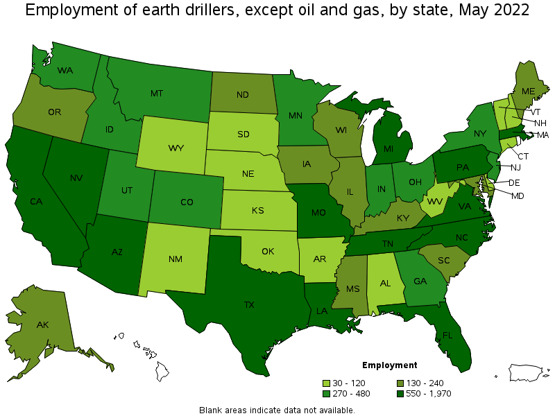Map of employment of earth drillers, except oil and gas by state, May 2022
