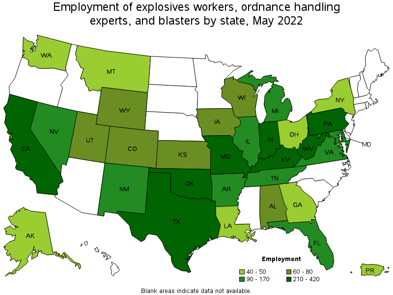 Map of employment of explosives workers, ordnance handling experts, and blasters by state, May 2022