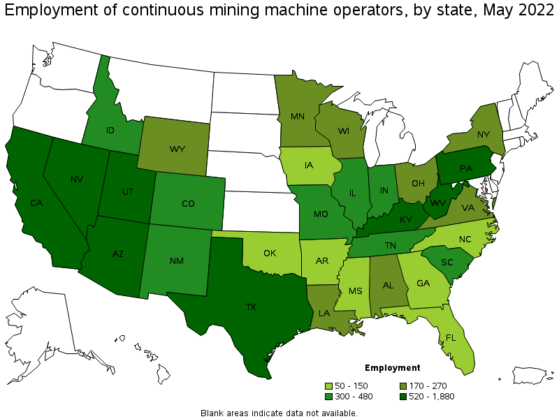Map of employment of continuous mining machine operators by state, May 2022