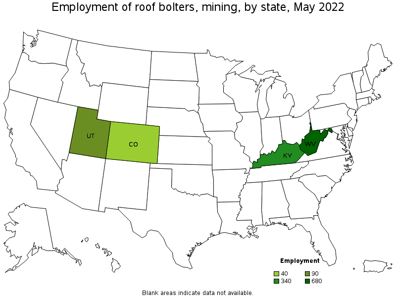 Map of employment of roof bolters, mining by state, May 2022