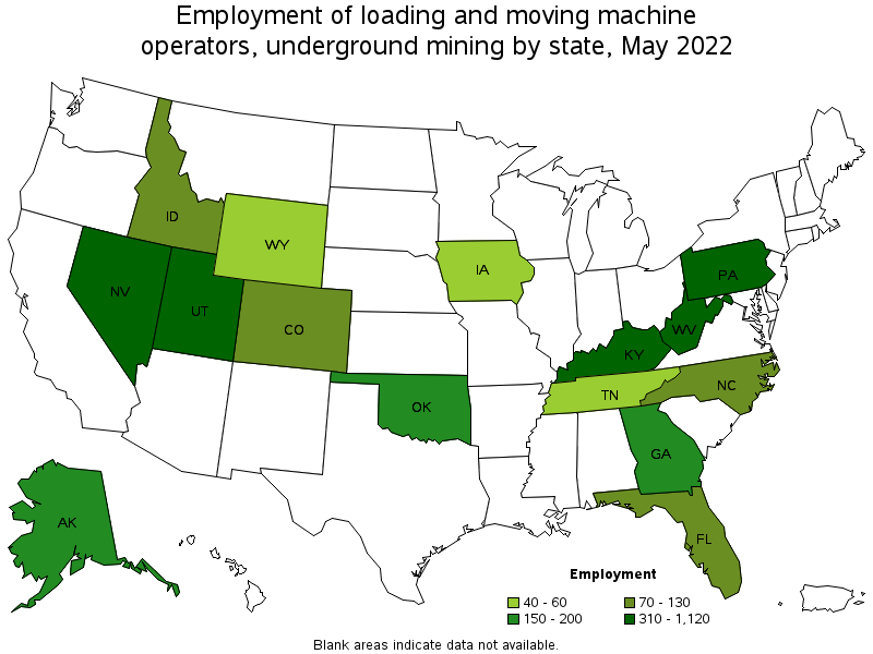 Map of employment of loading and moving machine operators, underground mining by state, May 2022