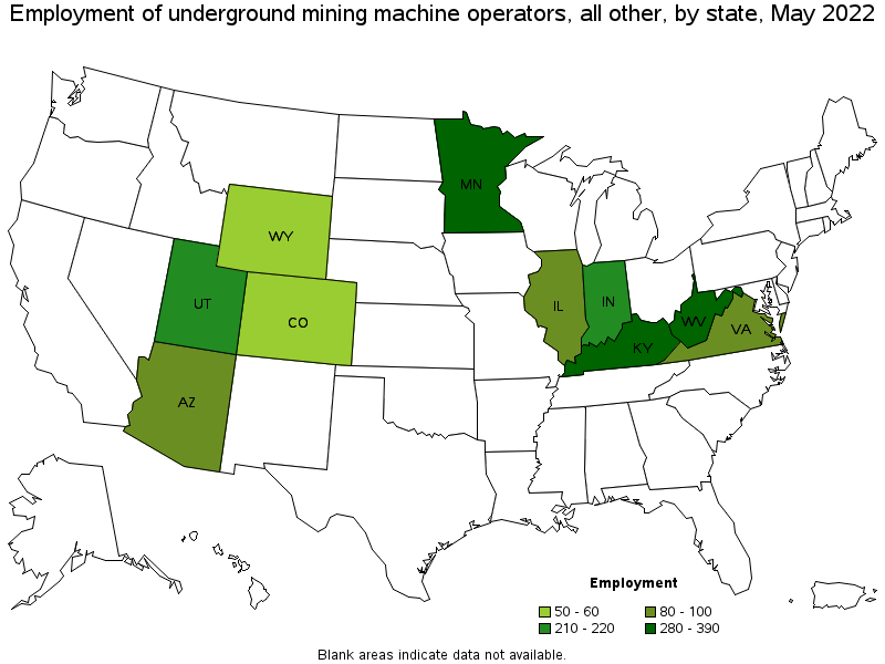 Map of employment of underground mining machine operators, all other by state, May 2022
