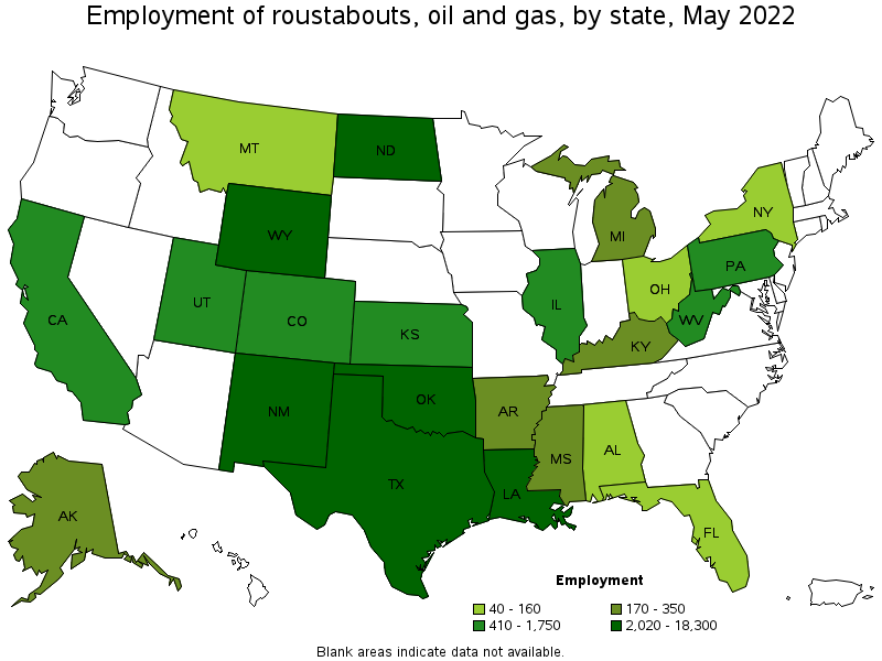 Map of employment of roustabouts, oil and gas by state, May 2022