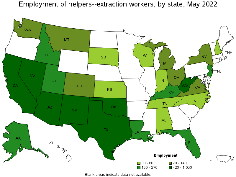Map of employment of helpers--extraction workers by state, May 2022