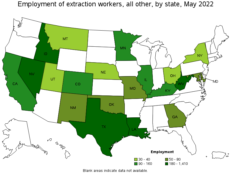 Map of employment of extraction workers, all other by state, May 2022