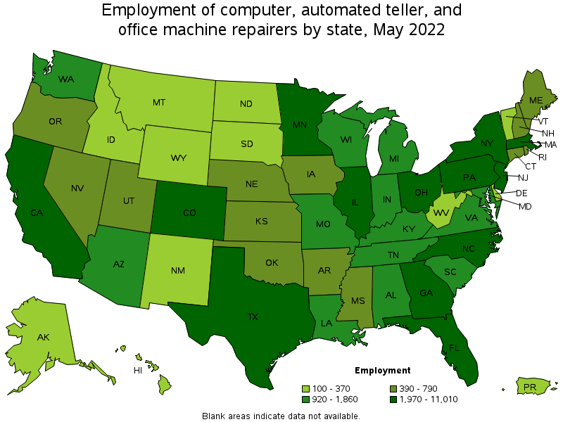 Map of employment of computer, automated teller, and office machine repairers by state, May 2022