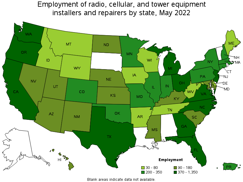 Map of employment of radio, cellular, and tower equipment installers and repairers by state, May 2022