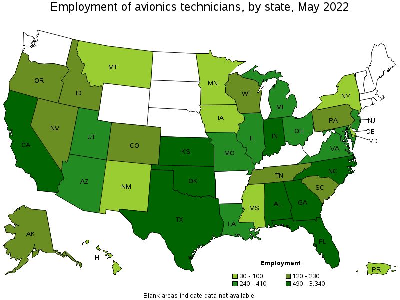 Map of employment of avionics technicians by state, May 2022