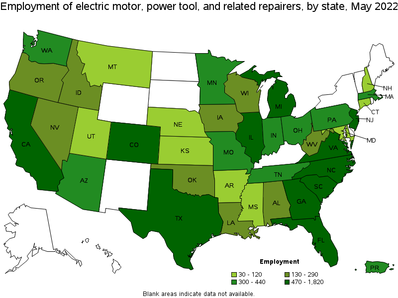 Map of employment of electric motor, power tool, and related repairers by state, May 2022