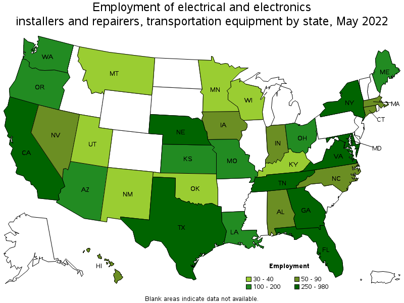 Map of employment of electrical and electronics installers and repairers, transportation equipment by state, May 2022