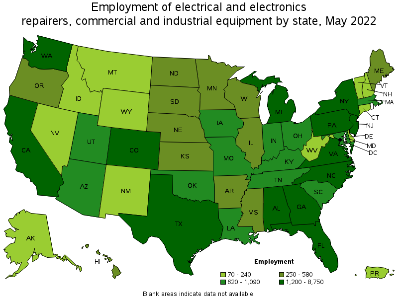 Map of employment of electrical and electronics repairers, commercial and industrial equipment by state, May 2022