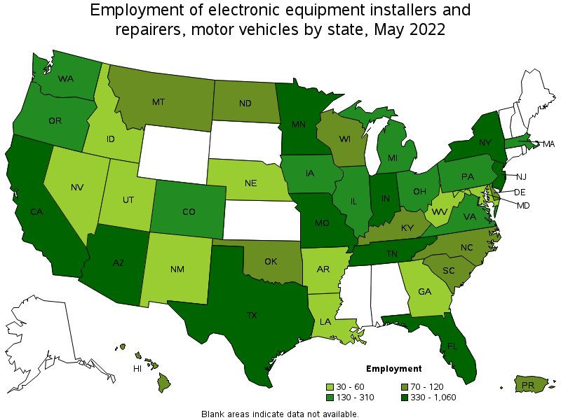 Map of employment of electronic equipment installers and repairers, motor vehicles by state, May 2022