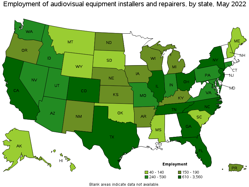 Map of employment of audiovisual equipment installers and repairers by state, May 2022