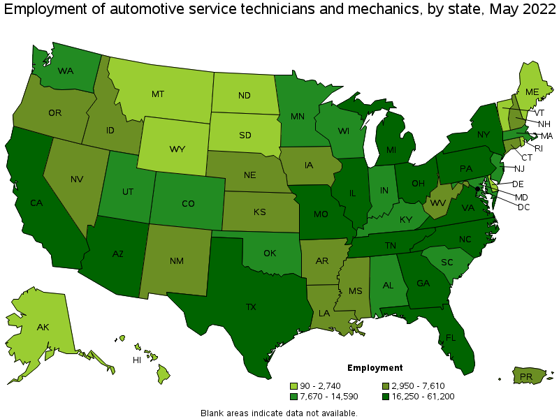 Map of employment of automotive service technicians and mechanics by state, May 2022