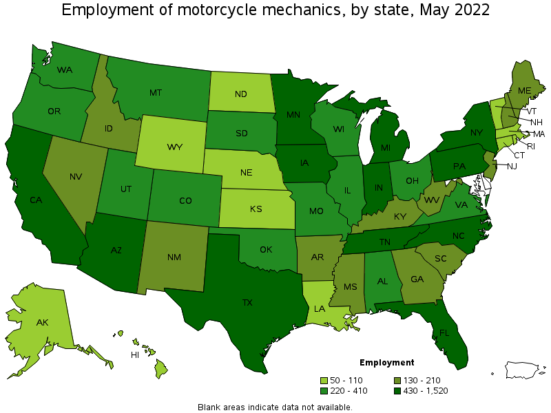 Map of employment of motorcycle mechanics by state, May 2022