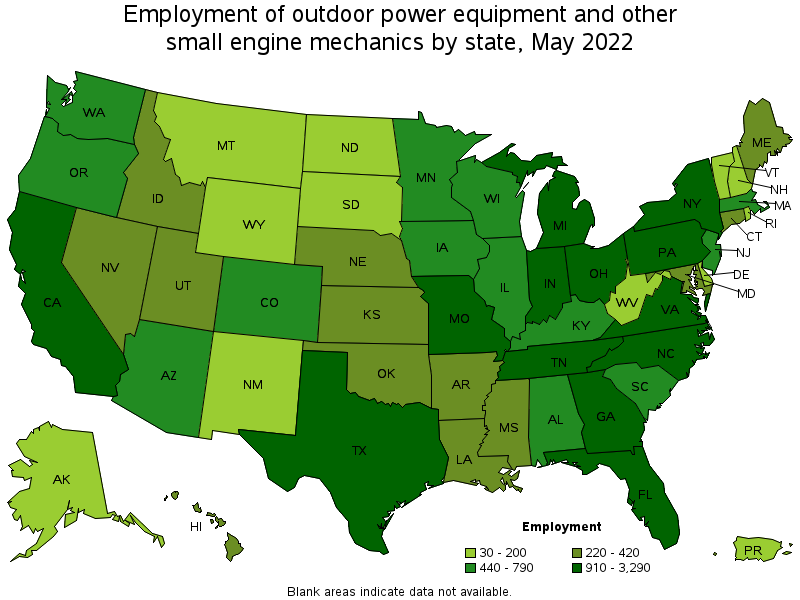 Map of employment of outdoor power equipment and other small engine mechanics by state, May 2022