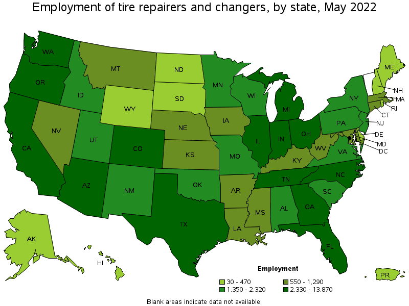 Map of employment of tire repairers and changers by state, May 2022