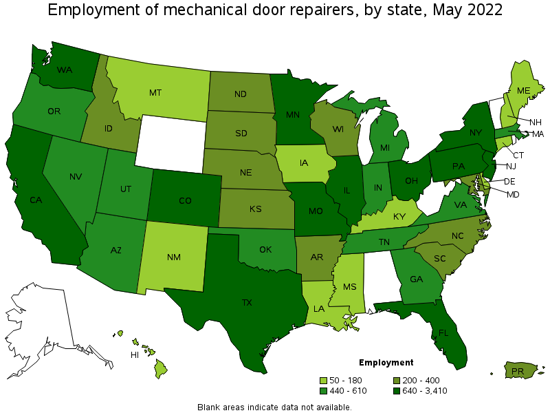 Map of employment of mechanical door repairers by state, May 2022