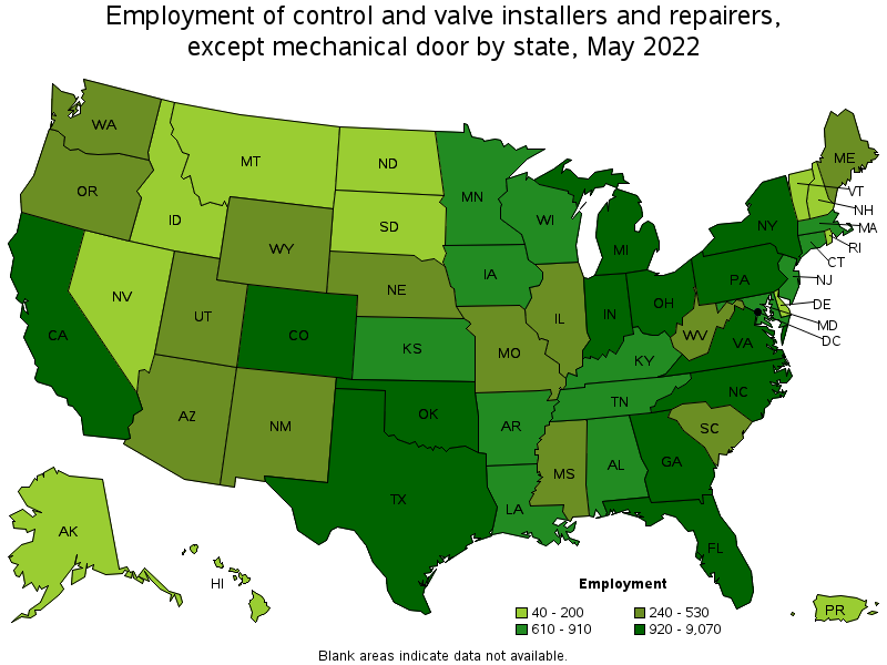 Map of employment of control and valve installers and repairers, except mechanical door by state, May 2022