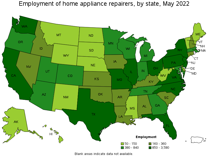 Map of employment of home appliance repairers by state, May 2022