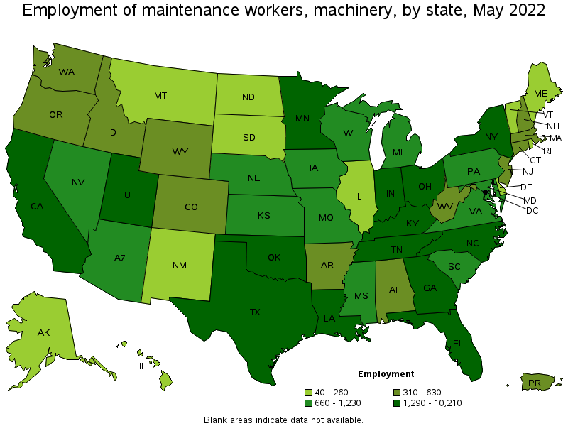 Map of employment of maintenance workers, machinery by state, May 2022