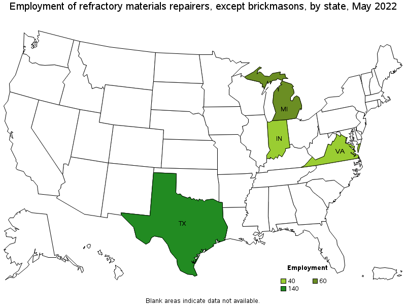 Map of employment of refractory materials repairers, except brickmasons by state, May 2022